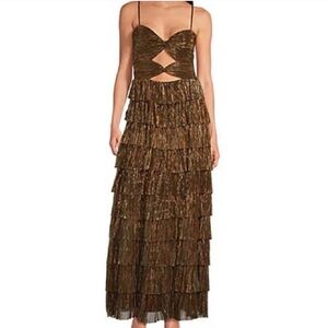 Gianni Bini Grace Metallic Plisse Sweetheart Neck Cut-Out Tiered Dress in Broze